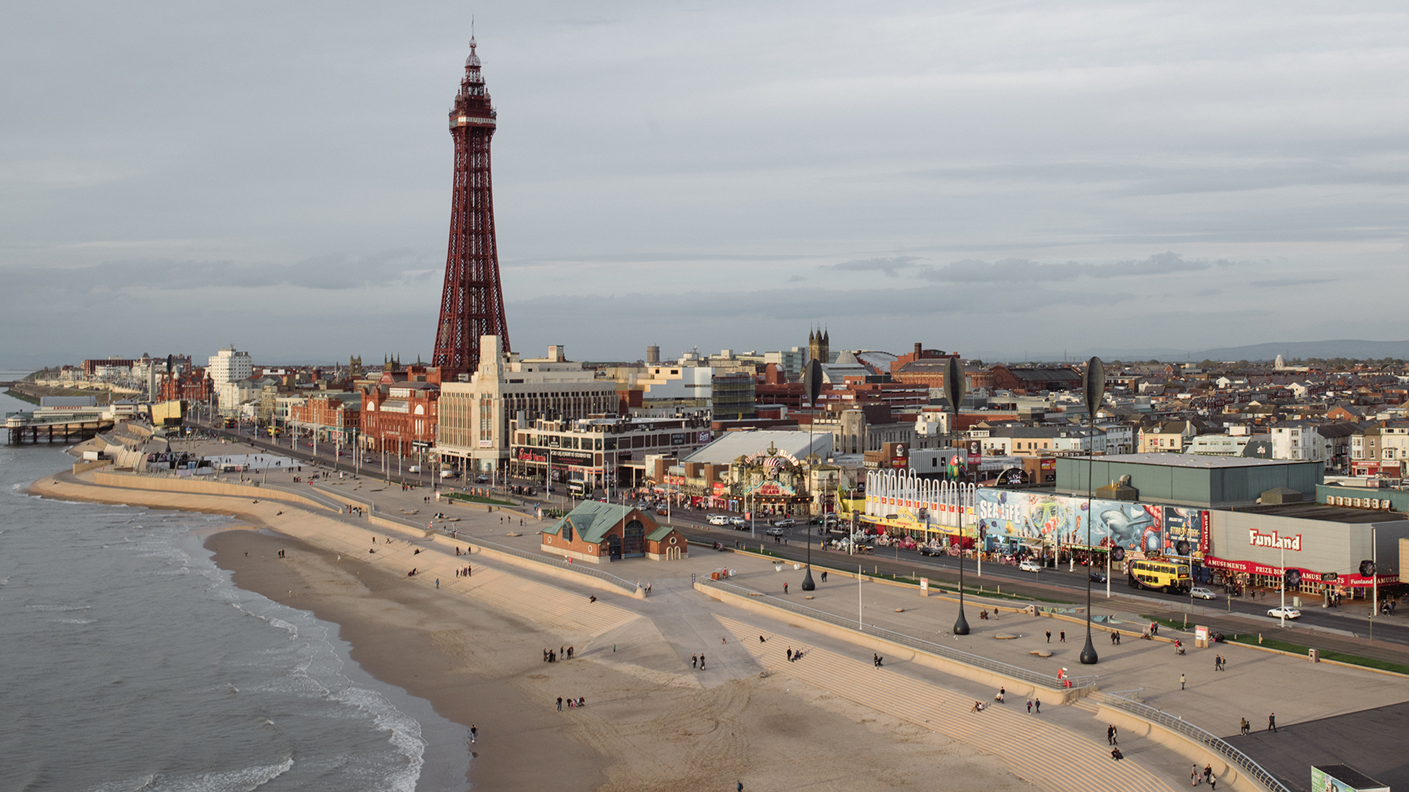 Aerial shot of blackpool tower and beach