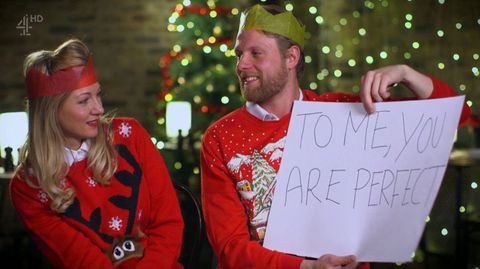 Sam And Cici First Dates Staff at Christmas recreating the scene with the large posters from Love Actually