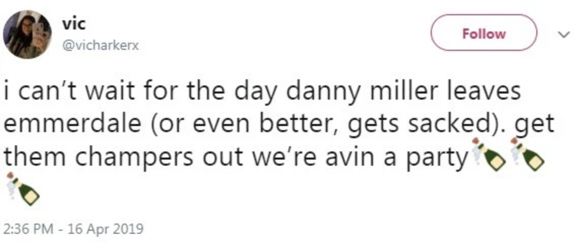 Fan tweeting her disapproval of Danny Miller's instagram rant