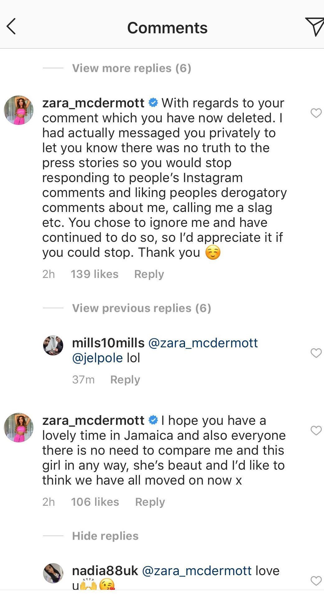 Zara comments on Adam's instagram post