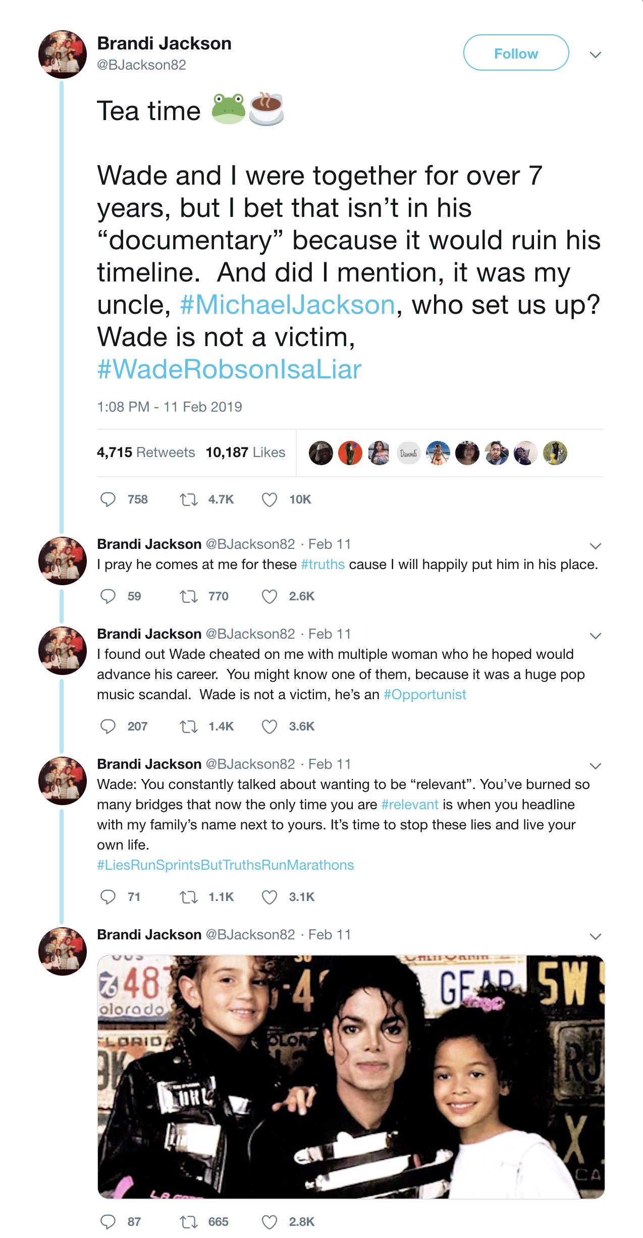 Twitter thread of Brandi Jackson's tweets about Wade Robson