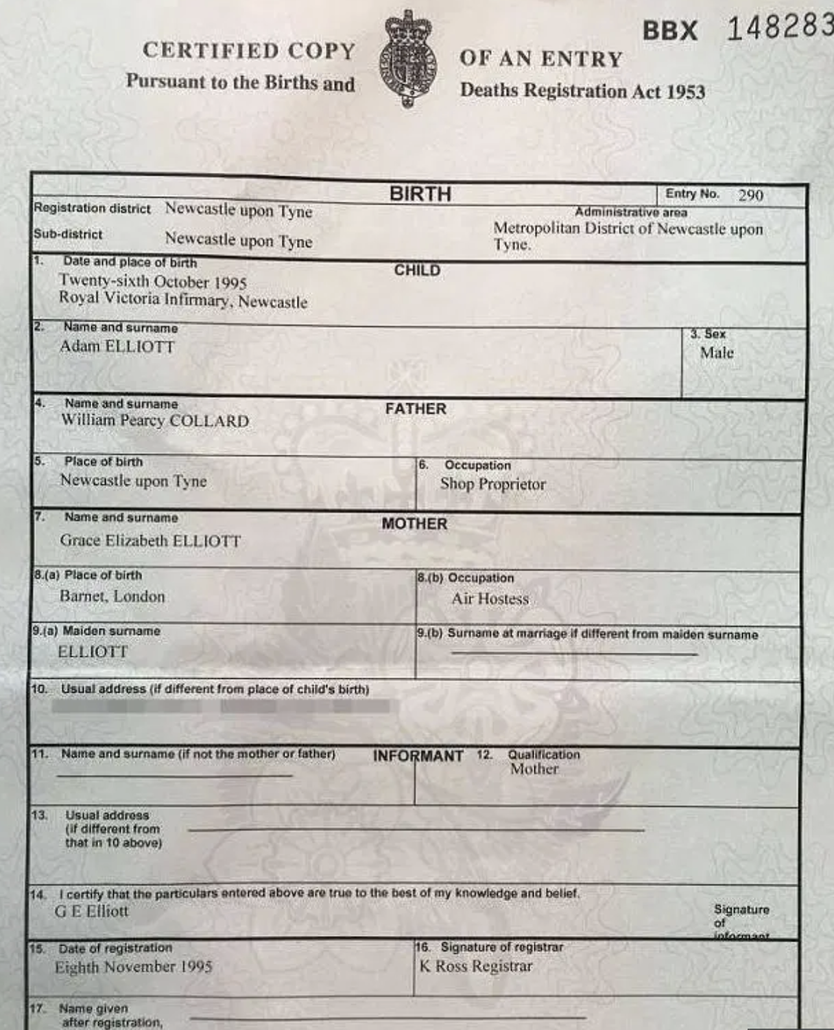 adam collard age birth certificate