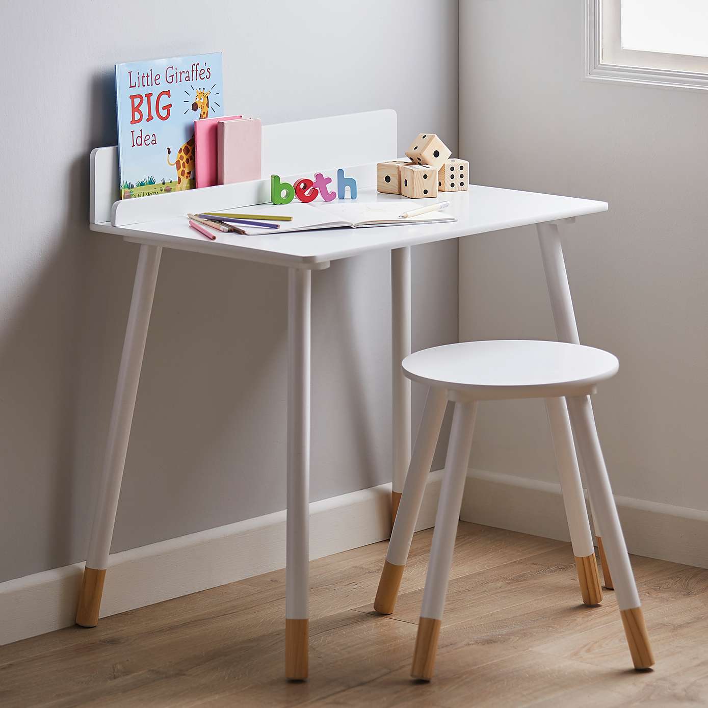Kids white desk and stool