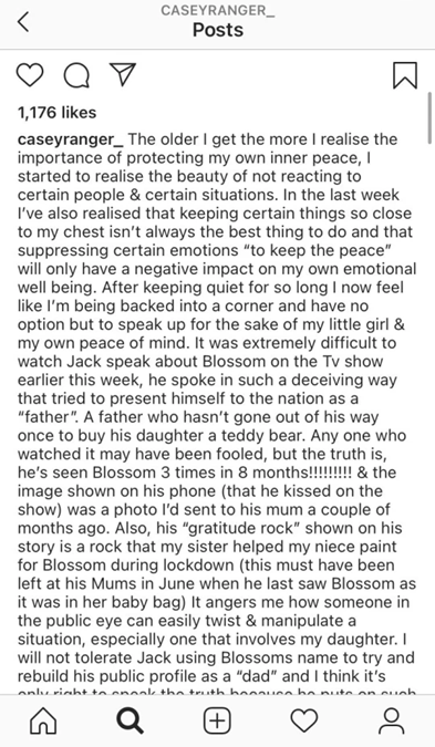 Casey Ranger’s lengthy Instagram post about Jack.
