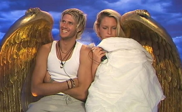 Josie Gibson and John James Parton in the diary room in the Big Brother house.