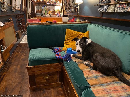 Jonny’s adorable dog Molly settling into the star’s houseboat. 
