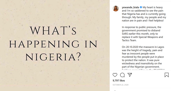 Yewande discussing political issues in Nigeria on Instagram.