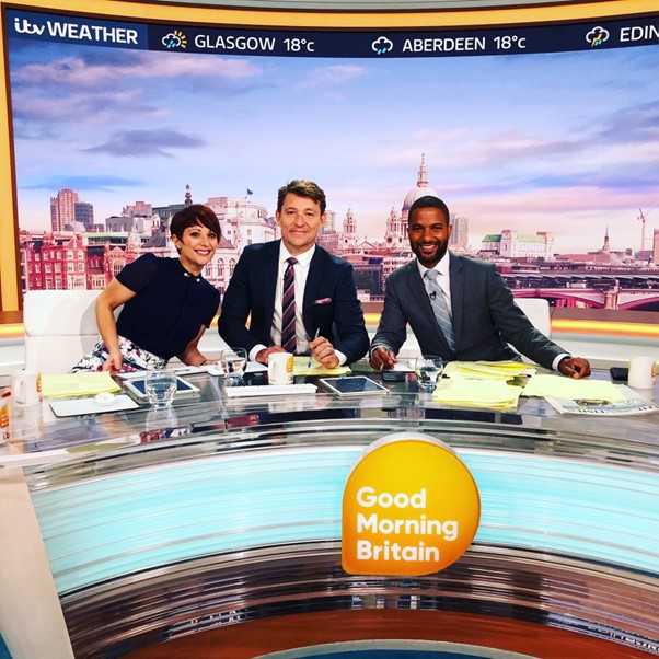 Katy Fawcett on Good Morning Britain with Ben Shephard and Sean Fletcher.