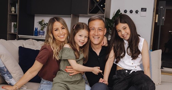 Rachel Stevens, Alex Bourne and their two daughters Amelie and Millie.