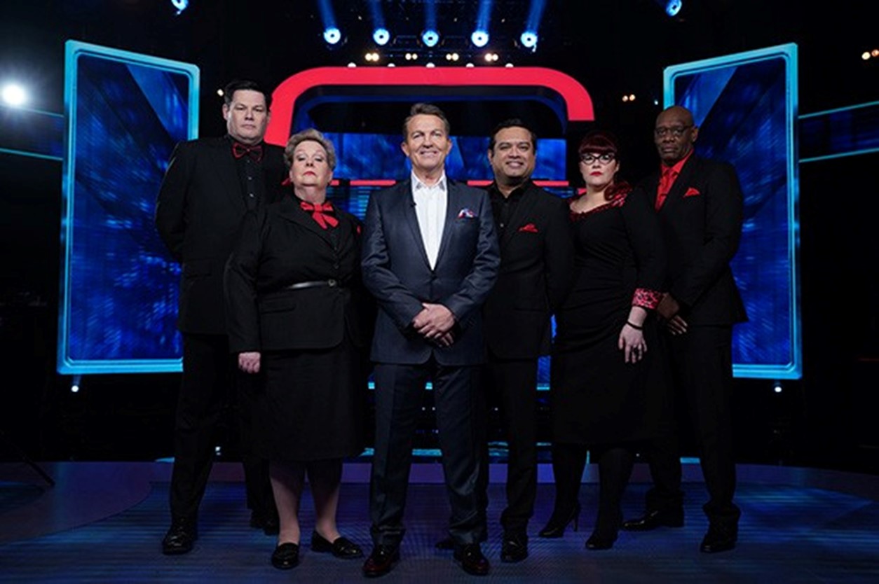 The quizmaster with host Bradley Walsh and her fellow Chasers.
