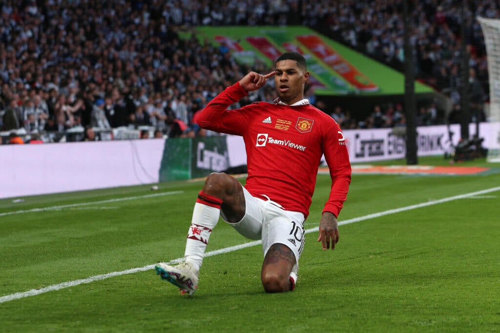 Marcus Rashford celebrating a goal he scored for his team, Manchester United